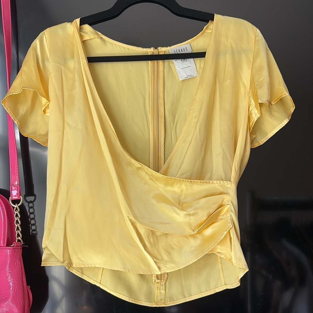 Vintage Yellow Silk Wrap-Style Blouse